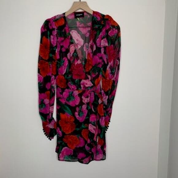 The Kooples Dolce Vite Floral Mini Pink Longsleeve Dress Womens 100% Silk Size 0 - Picture 2 of 16